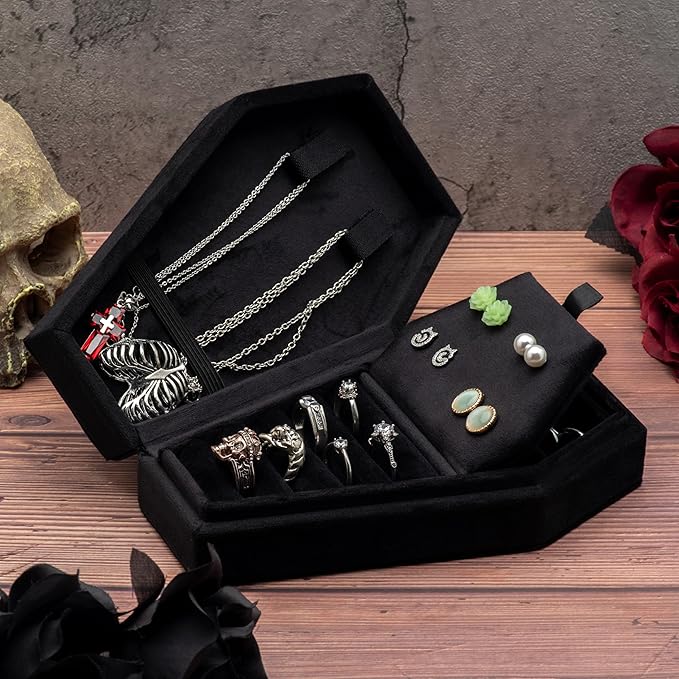 Velvet Coffin Jewelry Travel Case Holder for Gothic Wedding Ceremony Jewelry Organizer Decoration (Black 4 Grid)
