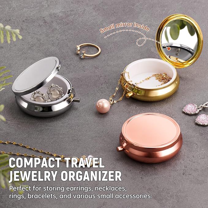 Mini Travel Jewelry Box with Built-In Mirror, Ultra-Portable Jewelry Holder for Rings, Necklaces, Earrings, Pills, Tea Bags, Small Accessories, Press-to-Open Multifunctional Storage (Silver)