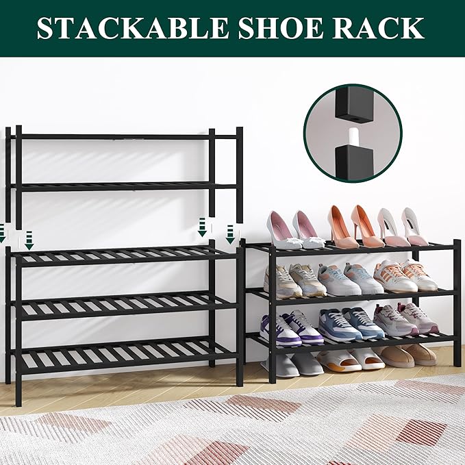 Smiry Bamboo Shoe Rack for Closet, 2 Tier Wooden Stackable Shoe Organizer, Free Standing Shoes Storage Shelf for Entryway, Front Door Entrance, Black