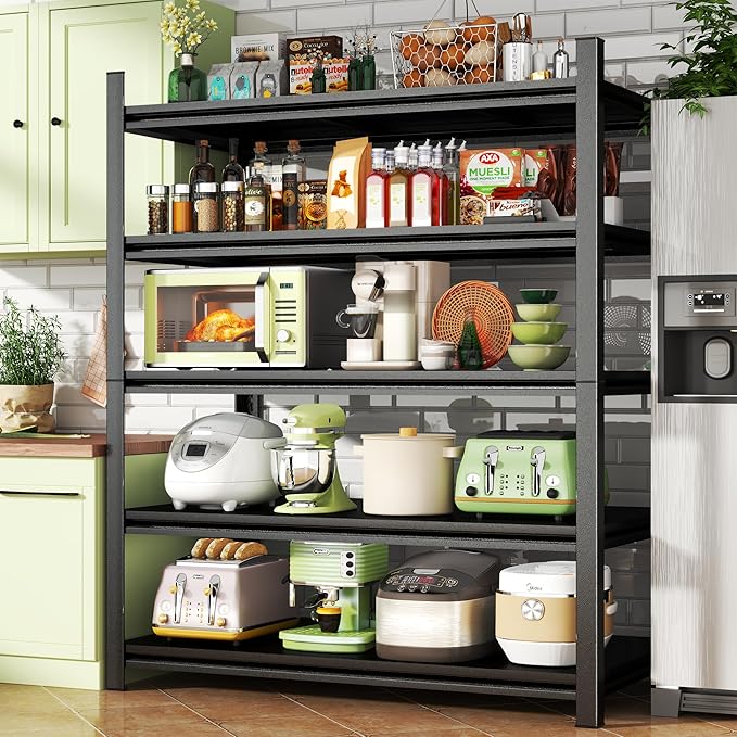 Metal Garage Shelving Unit, Heavy Duty 5-Tier Adjustable Storage Rack, Steel Shelving, 3020 lbs Capacity, Industrial Shelves for Heavy Tools and Equipment, Ideal for Garage, Basement, Black, 77"