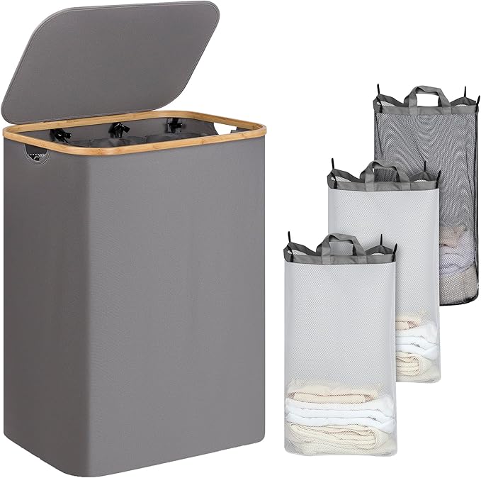 iEGrow Laundry Basket with Lid, 160L Laundry Hamper with Bamboo Handle,Clothes Basket Organizer with Removable Inner Bag for Clothes Toys Towels,Light Grey