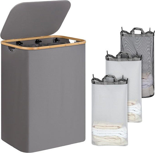 iEGrow Laundry Basket with Lid, 160L Laundry Hamper with Bamboo Handle,Clothes Basket Organizer with Removable Inner Bag for Clothes Toys Towels,Light Grey
