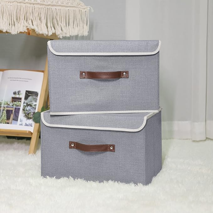 ANMINY 4PCS Storage Bin with Lid Storage Boxes with PU Leather Handles PP Plastic Board Decorative Foldable Lidded Cotton Linen Fabric Home Cubes Baskets Closet Organizer Container - Gray, Medium
