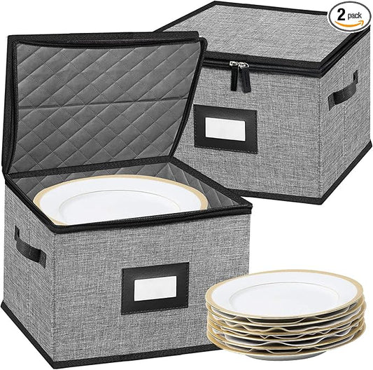 China Storage Containers-Quilted Dish Storage Containers with Lid Hard Shell for Moving Transport, Dinnerware Storage,Stackable Plate Storage,24 Felt Plate Dividers Included,2PACK 12*12*8in