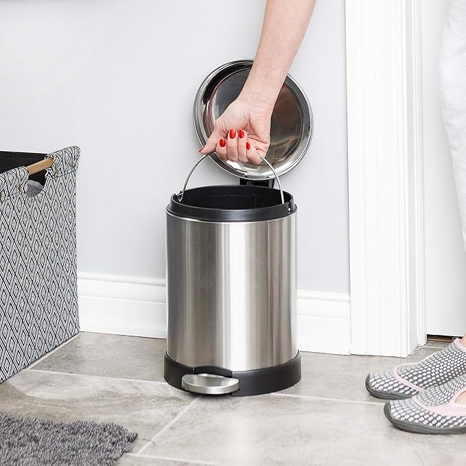Glad Small Trash Can, 1.2 Gallon | Round Stainless Steel Garbage Bin with Soft Close Lid & Step Foot Pedal | Metal Waste Basket with Removable Inner Bucket, Stainless, 8 x 9.5 x 12 inches