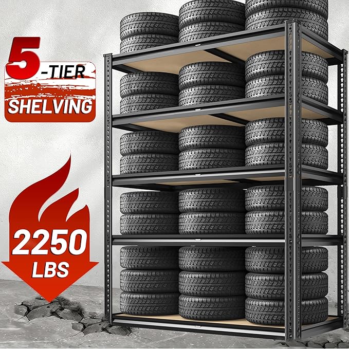 ROOMFAVE 2250LBS Storage Shelves Heavy Duty 5 Tier Garage Storage Shelving, Adjustable Metal Shelving Unit Utility Rack Shelf for Warehouse, Pantry, Closet, 72" H x 35.56" W x 16" D, Black.2PCS