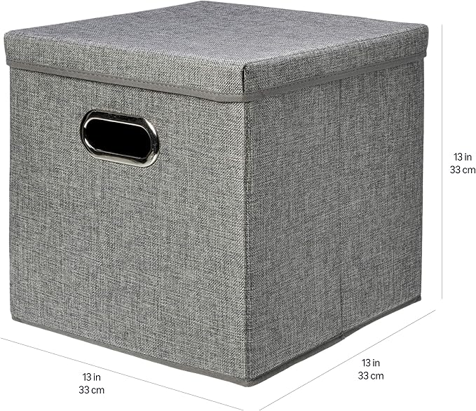 Amazon Basics Foldable Burlap Cloth Cube Storage Bins with Lid, Collapsible Organizing Containers, Stackable and Sturdy, Gray, Set of 2