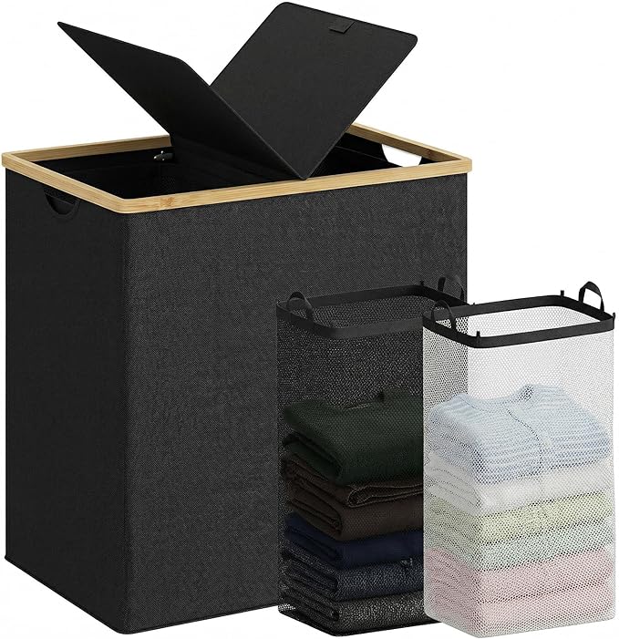 efluky Laundry Hamper with Lid, Double Laundry Hamper with 2 Removable Bags, 2 Section Laundry Basket with Bamboo Handles for Bathroom, Bedroom & Laundry Room, 140L (36.9 Gallon) Black