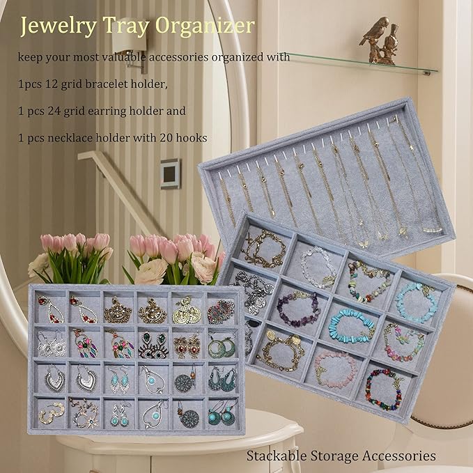 Stratalife Set of 3 Stackable Jewelry Organizer Tray Earring Display Trays Drawer Organizer Inserts Accessory Storage Grey