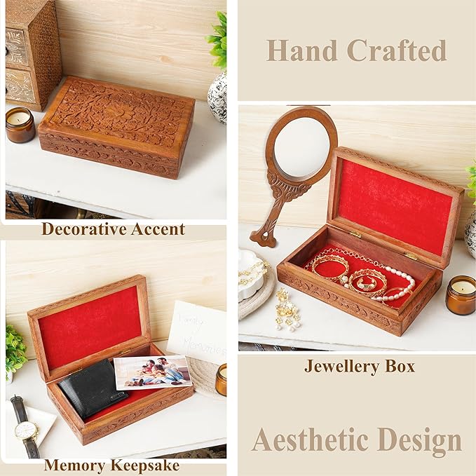 Ajuny Wooden Handcarved Decorative Jewelry Storage Box Flower Design Multipurpose Treasure Chest Keepsake Organizer Necklaces Watch Boxes Great for Gifts 10x6 Inch