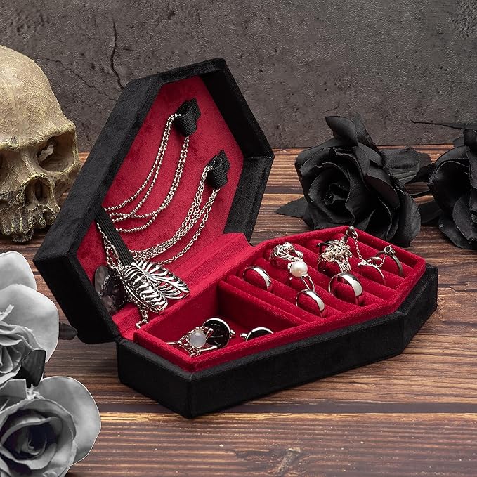 Velvet Coffin Jewelry Travel Case Holder for Gothic Wedding Ceremony Jewelry Organizer Decoration (Black and Red)