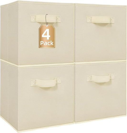 STORAGE MANIAC Storage Cubes, 11 Inch Collapsible Storage Bins with Handles, 4 Pack Fabric Foldable Bins for Organization, Durable Storage Bins for Closet, Shelves, Offices, Toys, 4-Pack Beige