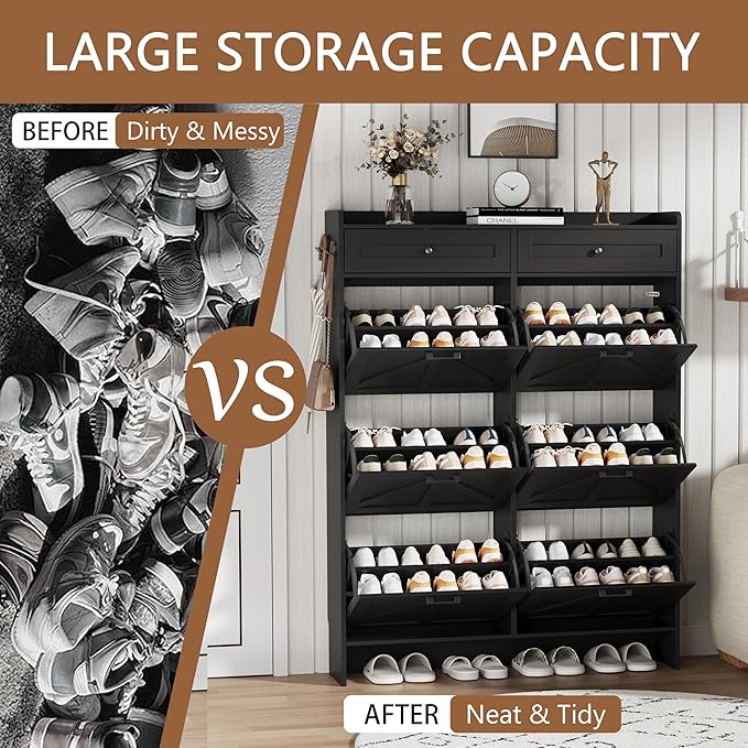 Shoe Cabinet with 6 Flip Drawers & 2 Top Drawers, 57" Tall Freestanding Narrow Wooden Shoe Storage Organizer for Entryway, Hidden Slim Shoe Rack for Front Door Entrance, Hallway, Living Room, Black