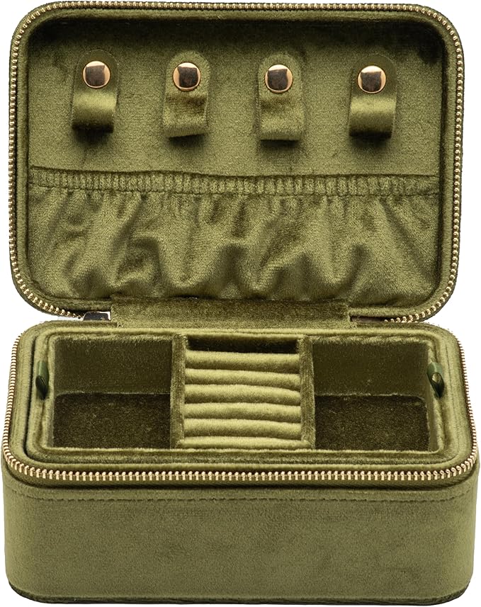 Velvet Travel Jewelry Organizer Box with Zipper Around Portable Accessory Display Tray Holder Storage Case for Multiple Earrings Rings Necklaces Bracelets (Olive Green)