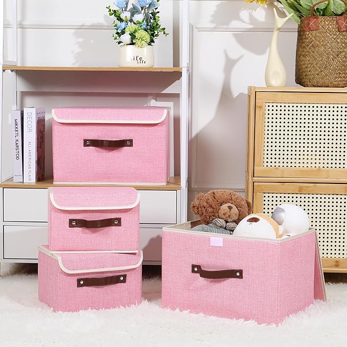 ANMINY 4PCS Storage Bin with Lid Storage Boxes with PU Leather Handles PP Plastic Board Decorative Foldable Lidded Cotton Linen Fabric Home Cubes Baskets Closet Organizer Container - Pink, Medium
