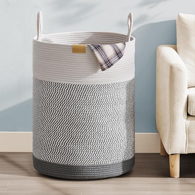 Nunsino Laundry Hamper 75L,Large Laundry Basket for Clothes,Decorative Storage Basket for Blankets,Cotton Rope Woven basket for bedroom,Grey White