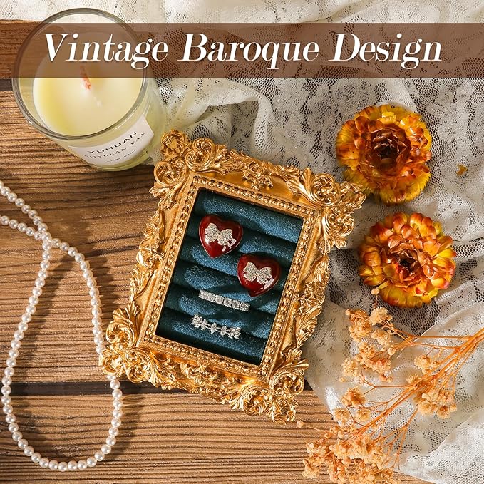 Vintage Ring Holder Rectangle Gold Velvet Display Stand - Baroque Jewelry Organizer Box Tray for Wedding Engagement Anniversary Women Birthday Christmas Gift Photograph Prop (MPF05-Gold Blue)