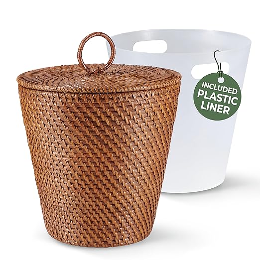 84ECO 3 Gallon Rattan Trash Can with Lid and Liner - Wicker Trash Can for Bathroom, Bedroom, Kitchen, Living Room
