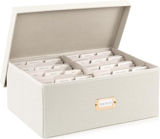 ZICOTO Decorative Photo Storage Box - Sturdy Linen Photo Organizer with Dividers is Perfect to Store Up to 1700 Pictures and 5x7 Photos - Portable Scrapbook Storage Containers with Lid