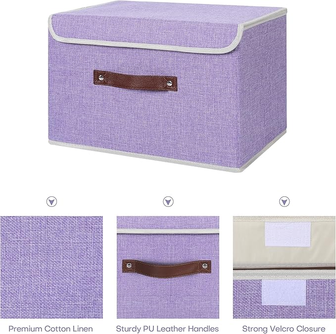 ANMINY Storage Bin with Lid Storage Boxes with PU Leather Handles PP Plastic Board Decorative Foldable Lidded Cotton Linen Fabric Home Cubes Baskets Closet Organizer Container - Purple, Medium