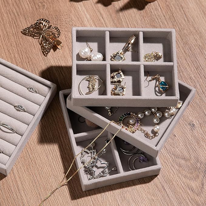 Frebeauty Small Jewelry Tray Set,Stackable Velvet Jewelry Organizer Tray,Mini Jewelry Drawer Organizer,Drawer Inserts,4.92 x 3.74 x 0.9 Inches,6 Grid Earring Organizer for Women(Set 2,Beige)