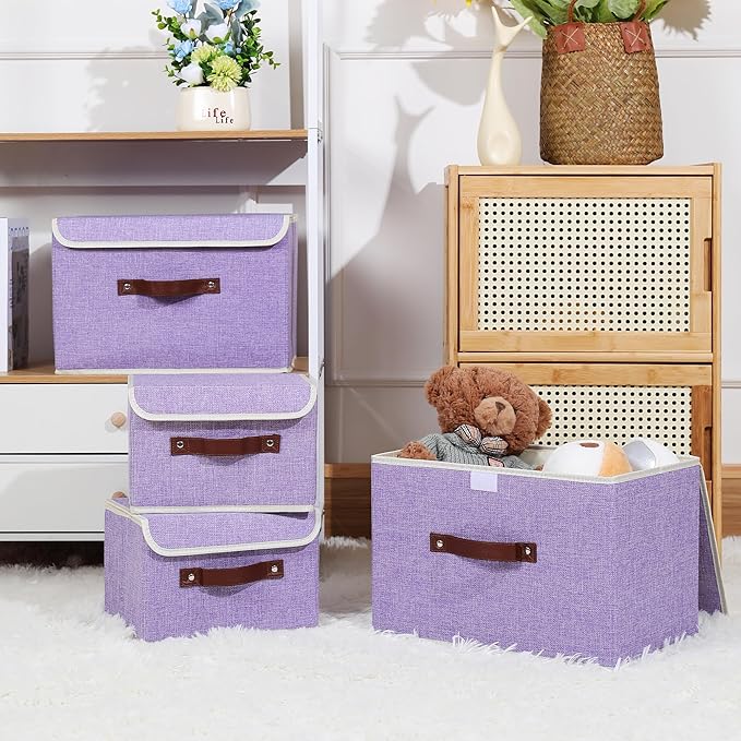 ANMINY Storage Bin with Lid Storage Boxes with PU Leather Handles PP Plastic Board Decorative Foldable Lidded Cotton Linen Fabric Home Cubes Baskets Closet Organizer Container - Purple, Medium
