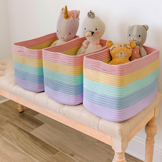 OrganiHaus Pastel Rainbow Basket - Colorful Woven Storage Basket for Playroom, Nursery & Classroom Decor & Toy Storage, 15x9x10