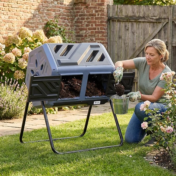 Werph Updated 43 Gallon Dual-Chamber Compost Bin, Fast Assembly Rotating Outdoor Compost Tumbler, Batch Composter with Gloves for Garden, Kitchen, and Yard Waste, Purple & Black