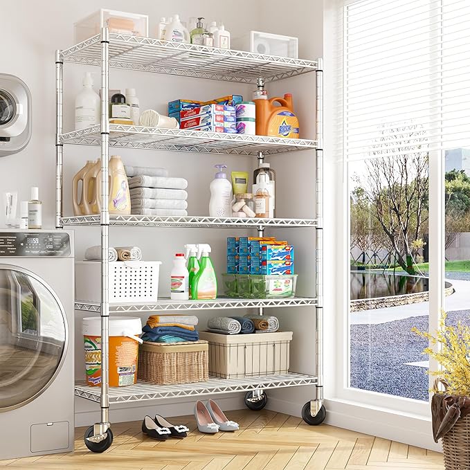 REIBII 73''H Storage Shelves 1660LBS Wire Shelving Unit with Wheels 5 Tier Metal Shelving,Heavy Duty Metal Shelves for Storage Rack,Commercial Industrial for Garage Kitchen 73''HX35''WX15''D,Chrome