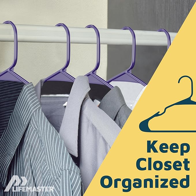 Lifemaster Plastic Clothes Hangers – Heavy Duty Hanger Set, for Organizing Clothes, Dresses, and Coat, Holds Up to 5 lbs, Space-Saving Hangers with Non-Slip Shoulder Grooves, Pack of 10, Purple