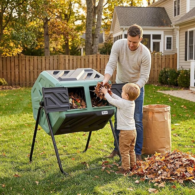 Werph Updated 43 Gallon Dual-Chamber Compost Bin, Fast Assembly Rotating Outdoor Compost Tumbler, Batch Composter with Gloves for Garden, Kitchen, and Yard Waste, Green & Black