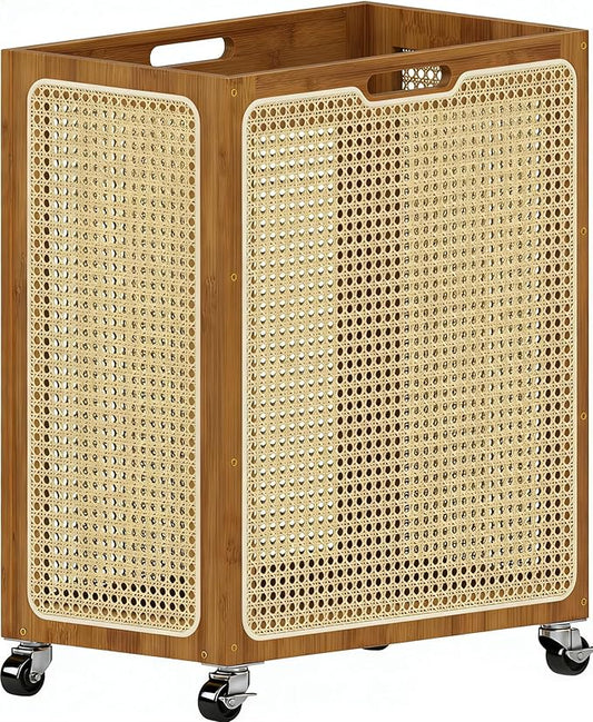 Laundry Hamper with Wheels, Decorative Boho Rattan Laundry Baskets, 90L Large Bamboo Dirty Clothes Basket Organizer, Rolling Wicker Laundry Hampers for Bathroom,Bedroom
