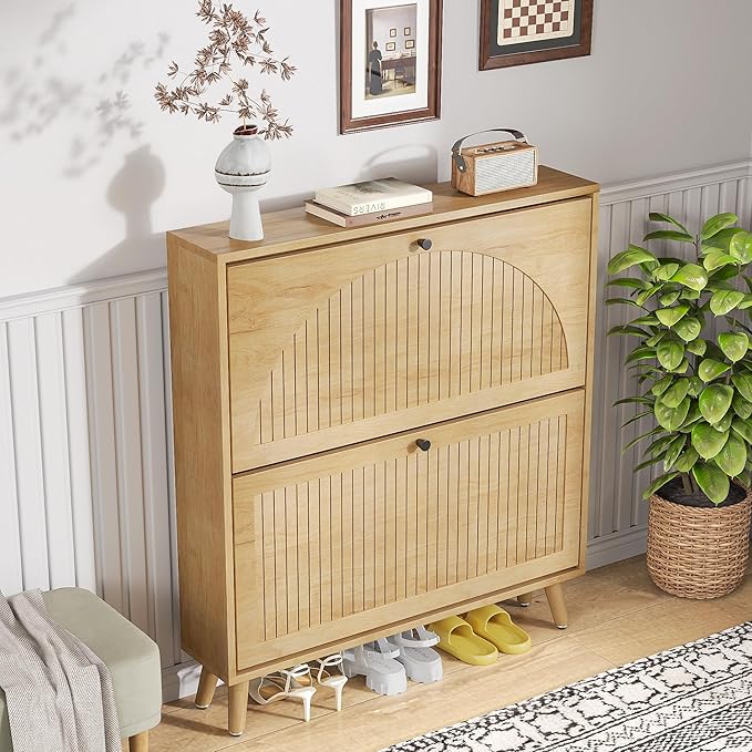 Fsbecl Shoe Storage Cabinet for Entryway with 2 Flip Drawers, Narrow Wood Shoe Cabinet with Fluted Panel, Freestanding Hidden Shoe Organizer for Foyer, Hallway (Wood Color - No Shelf)