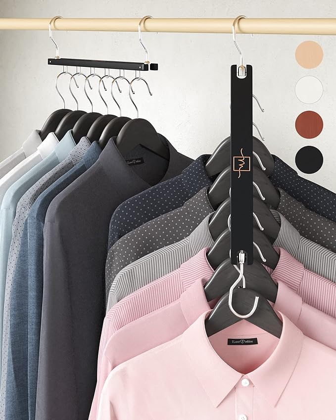 MORALVE Space Saving Hangers for Closet – 4 Pack European Beechwood 6-Tier Shirt Organizer with 360° Swivel Hook – Collapsible Clothes Hanger for Closet Organization (Hangers Not Included)
