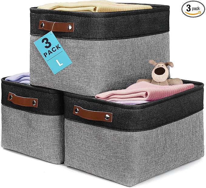 OrganiHaus Large Fabric Storage Baskets for Shelves 3 Pack, 15x11in Closet Storage Bins, Canvas Storage Bin for Organizing, Cloth Baskets, Linen Closet Organizers, Gray/Black