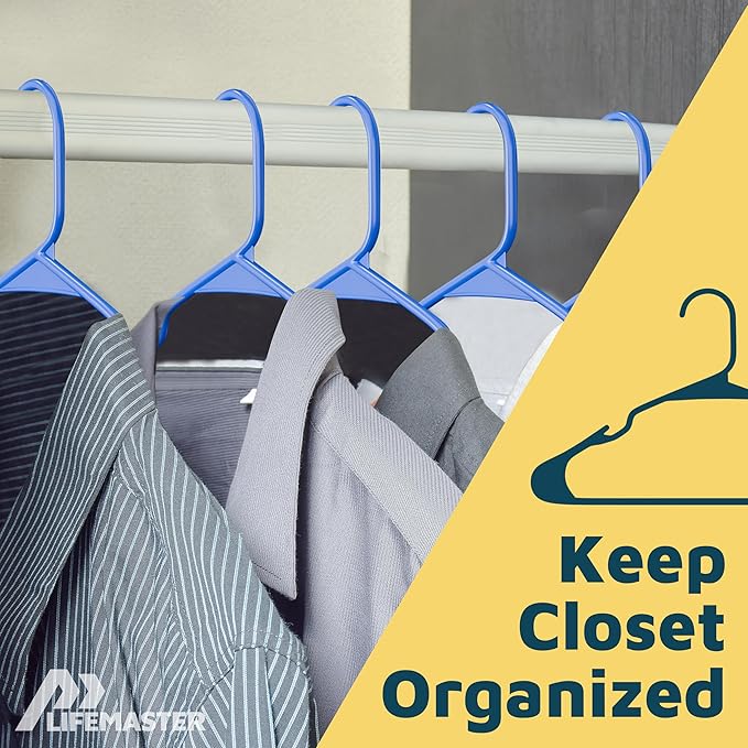 Lifemaster Plastic Clothes Hangers – Heavy Duty Hanger Set, for Organizing Clothes, Dresses, and Coat, Holds Up to 5 lbs, Space-Saving Hangers with Non-Slip Shoulder Grooves, Pack of 10, Blue