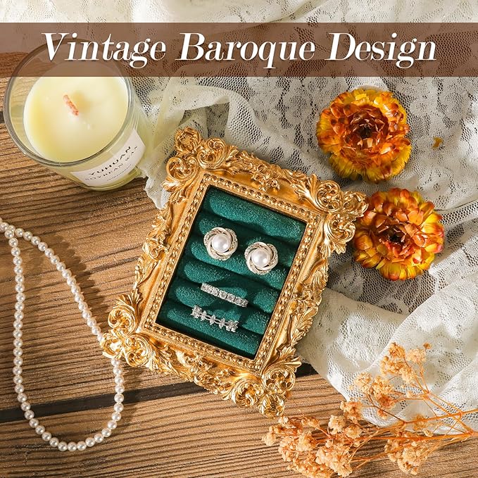 Vintage Ring Holder Rectangle Gold Velvet Display Stand - Baroque Jewelry Organizer Box Tray for Wedding Engagement Anniversary Women Birthday Christmas Gift Photograph Prop (MPF05-Gold Green)
