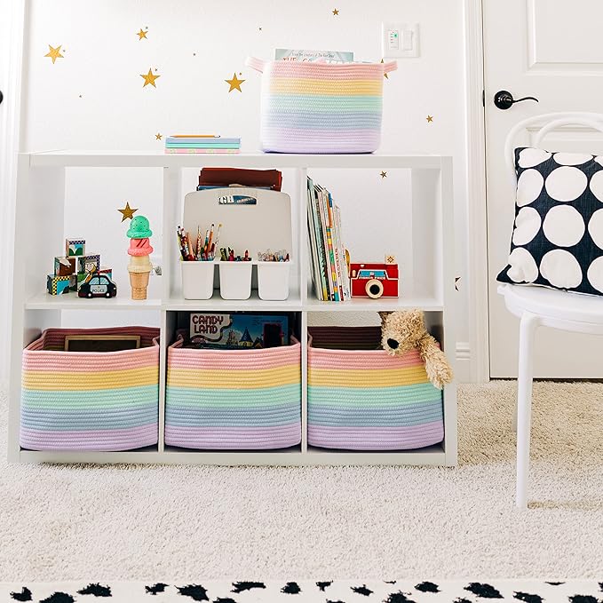 OrganiHaus Set of 3 Pastel Rainbow Baskets - Colorful Woven Storage Baskets for Playroom, Nursery & Classroom Decor, Toy Storage, 15x9x10