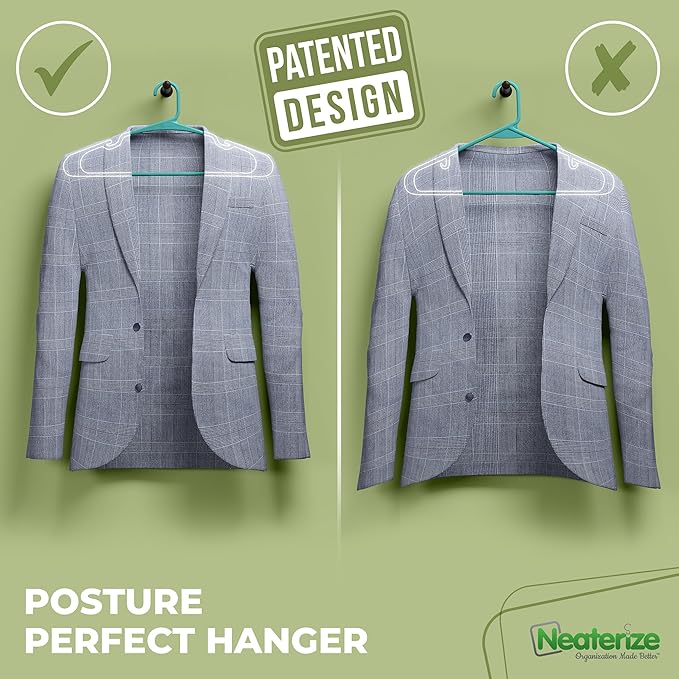 NEATERIZE Clothes Hangers Plastic 50 Pack for Adults - Plastic Hangers, The Perfect Coat Hanger and Space Saving Clothes Hangers for Closet, Percheros Ganchos para Colgar Ropa Hangars - Hangers