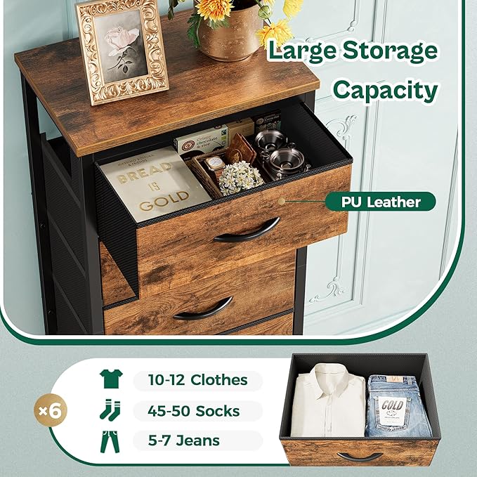 Huuger Tall Dresser for Bedroom, 7 Drawer Dresser & Chests of Drawers, Fabric Drawer for Closet, Bedroom, Night Stand, Metal Frame, Storage Tower with Fabric Bins, Rustic Brown