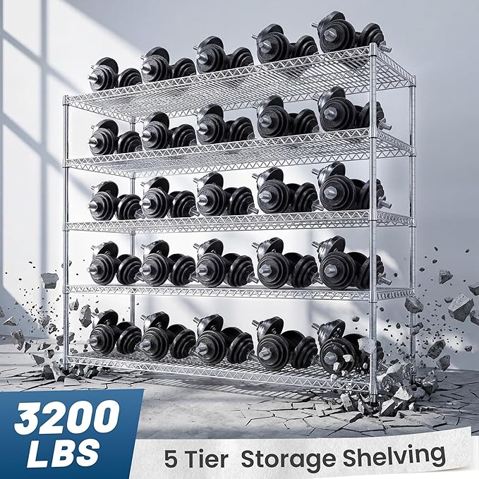REIBII 55.5" W Storage Shelves 3200LBS Metal Shelving 5 Tier Wire Shelving Garage Shelving Heavy Duty Metal Shelves for Shelving Unit Commercial Adjustable Shelf, 55.5" W X 18''D X 71" H，Chrome,2P