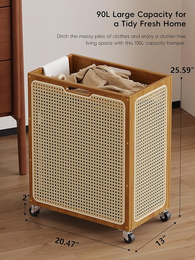 Laundry Hamper with Wheels, Decorative Boho Rattan Laundry Baskets, 90L Large Bamboo Dirty Clothes Basket Organizer, Rolling Wicker Laundry Hampers for Bathroom,Bedroom
