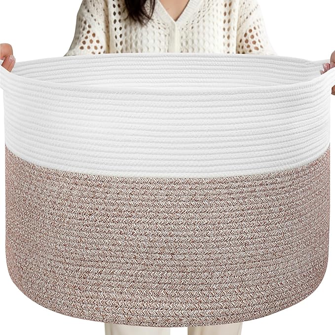 XXXL Large Laundry Basket, 105L Soft Cotton Rope Basket, Blanket Storage and Organizers, Baby Nursery Laundry Hamper, Extra Large Toys Storage Bins for Kids 23.6'' x 14.6'', White & Brown