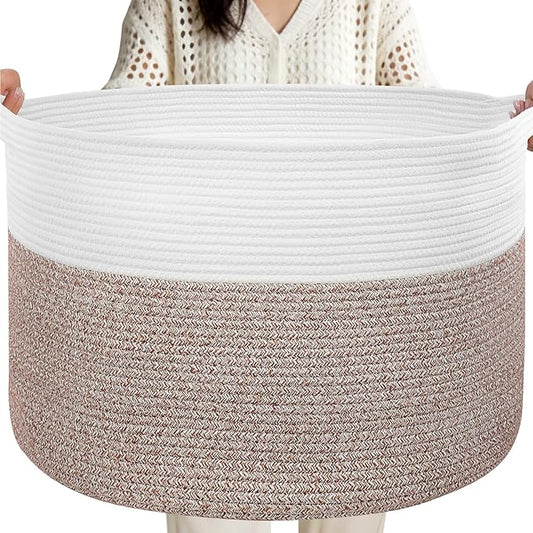 XXXL Large Laundry Basket, 105L Soft Cotton Rope Basket, Blanket Storage and Organizers, Baby Nursery Laundry Hamper, Extra Large Toys Storage Bins for Kids 23.6'' x 14.6'', White & Brown