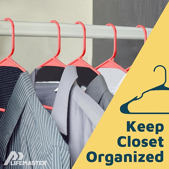 Lifemaster Plastic Clothes Hangers – Heavy Duty Hanger Set, for Organizing Clothes, Dresses, and Coat, Holds Up to 5 lbs, Space-Saving Hangers with Non-Slip Shoulder Grooves, Pack of 20, Red