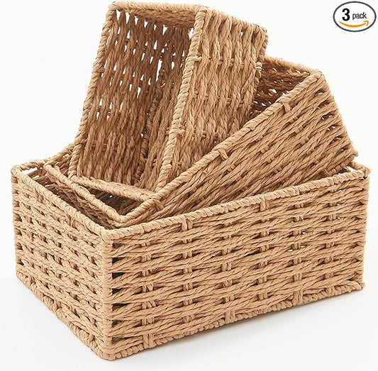 Small Wicker Basket for Organizing, Woven Storage Basket Set of 3 - Handwoven Natural Paper Rope Baskets to Declutter Any Room, Perfect for Organizing and Home Decor