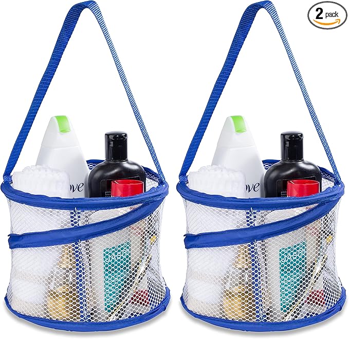 Handy Laundry Foldable Shower Caddy - Collapsible, Portable, Drainage Hole, Carry Handle, Large Compartments. Great Organizer for Camp, Travel, Gym, and Dorm (Blue) (Pack of 2)