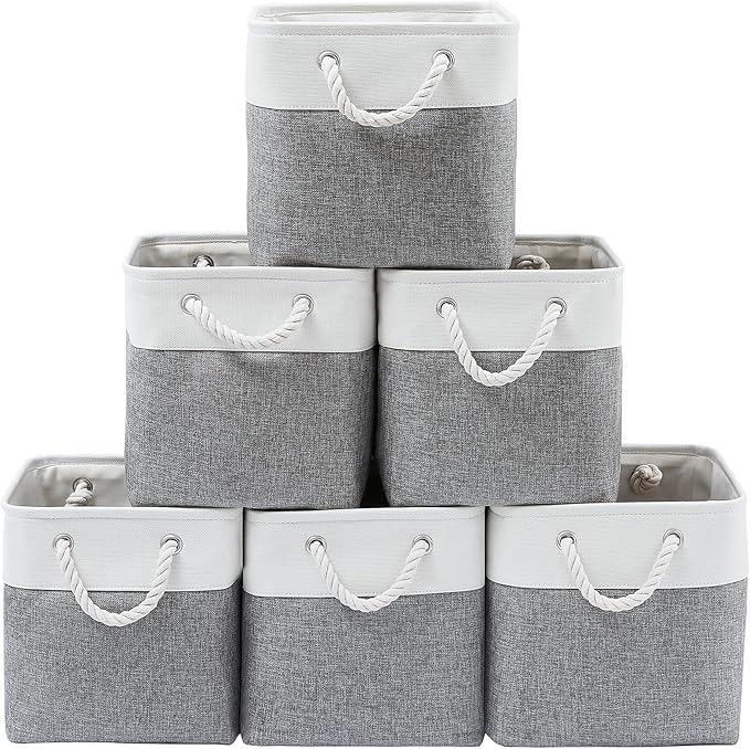 MidmmVick 13 x 13 Inch Cube Storage Bins, 6 Pack Extra Large Collapsible Fabric Storage Bin with Ropes, Foldable Storage Cubes for Home (White & Grey-13"x13"x13")