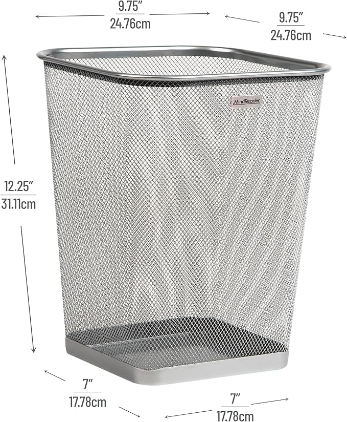 Mind Reader Mesh Trash Can, Square Wastebasket for Office or Home, 5 Gallon Capacity, Metal Mesh, Set of 2, Silver