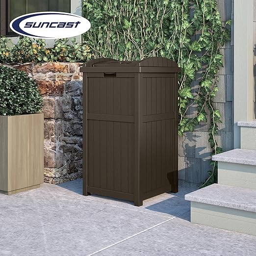 Suncast 5 Pack 33 Gallon Durable Plastic Hideaway Outdoor Garbage Can with Secure Lid & Wicker Design for Home Backyards, Decks, or Patios, Java Brown